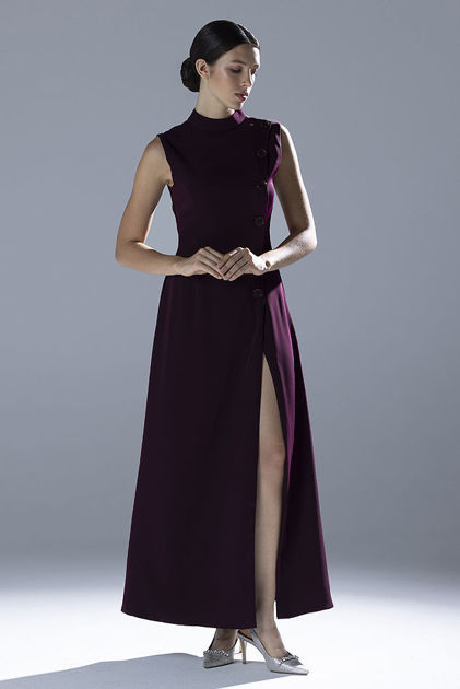 Picture of Plum crepe midi dress with button detailing.