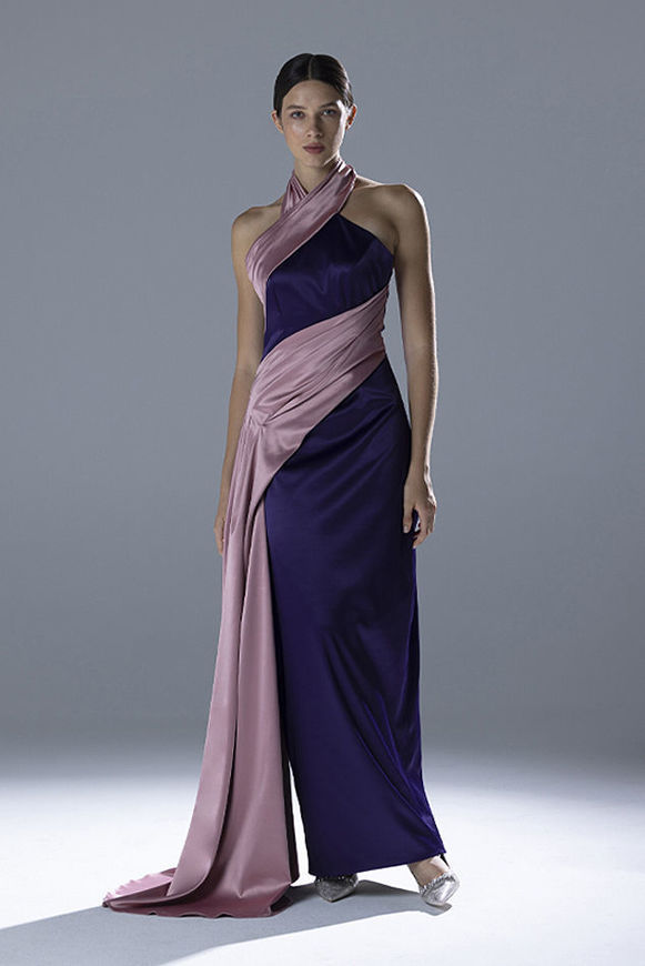 Picture of Purple satin dress with rose pink ruched detailing.