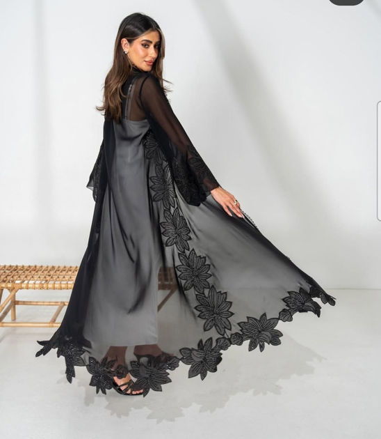 Picture of Chiffon Abaya for occasions and sleeve French lace with sheila and flowers