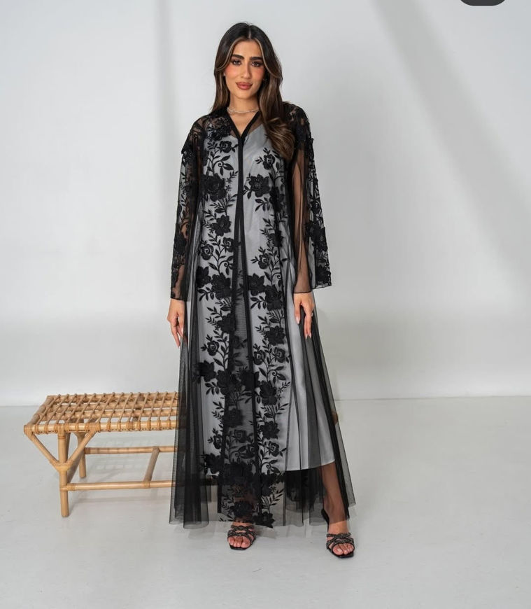 Picture of Chiffon Abaya for Occasions and French Lace Sleeve with Sheila 55