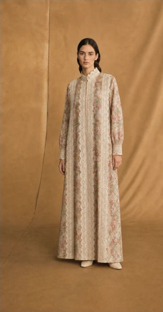 Picture of Chinese Collar Abaya - White Curvy Lace 2Line Front